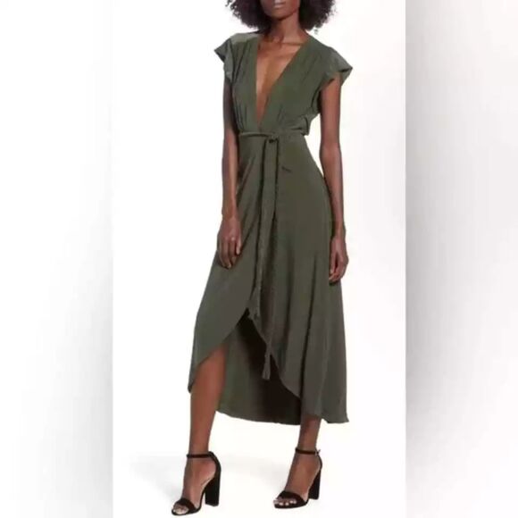 MISA LOS ANGELES OLIVE GREEN WRAP MAXI DRESS | SILKY DRAPE | SIZE S – NWT - Picture 1 of 4